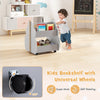 Kids wooden bookshelf with universal wheels in gray, showcasing a close-up of the smooth surface and round corners for.