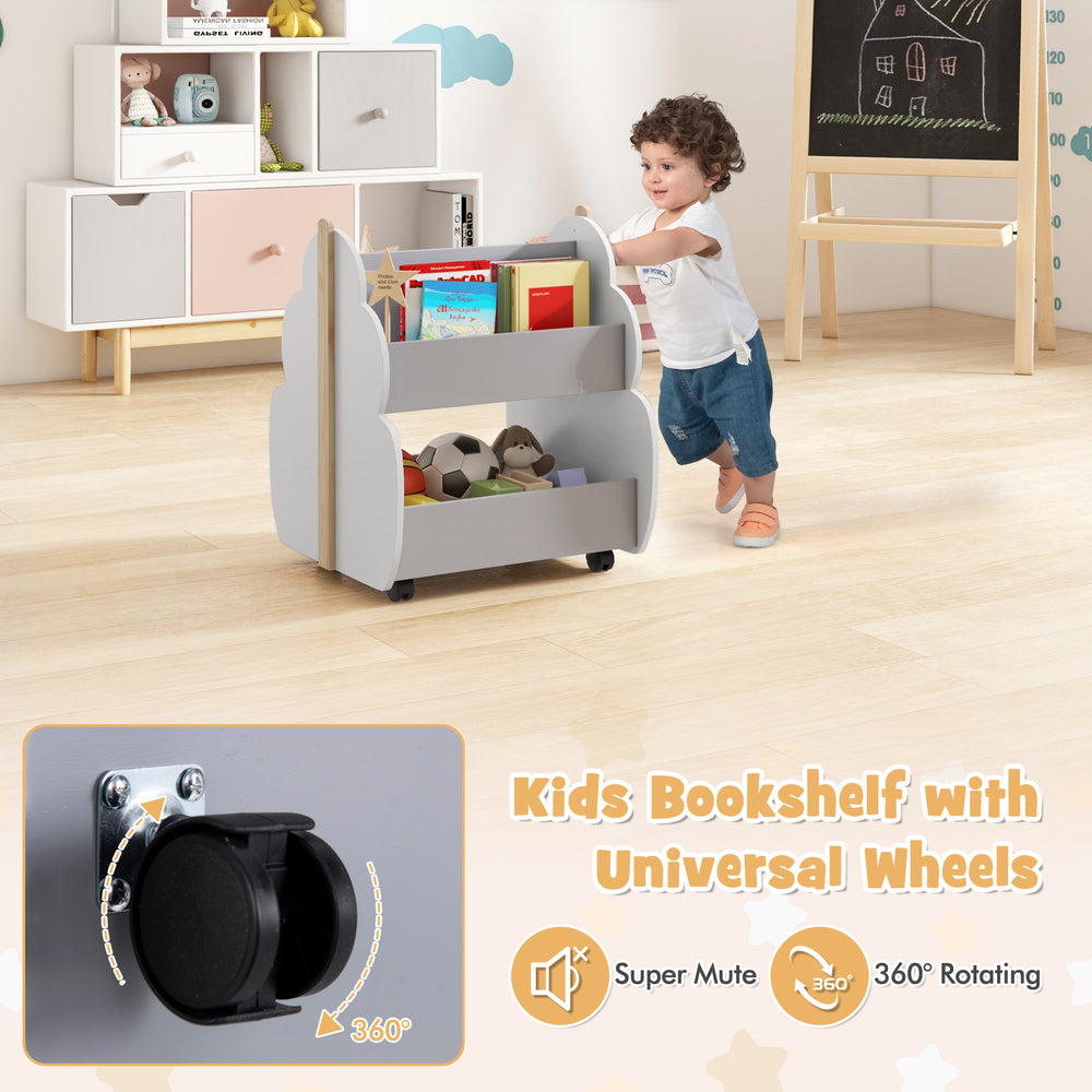 Kids wooden bookshelf with universal wheels in gray, showcasing a close-up of the smooth surface and round corners for.