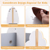 Kids wooden bookshelf with a cute tree shape, gray color, waterproof surface, and universal wheels for easy mobility.