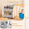 Kids wooden bookshelf with universal wheels in gray, featuring double-sided design and open shelves for easy.