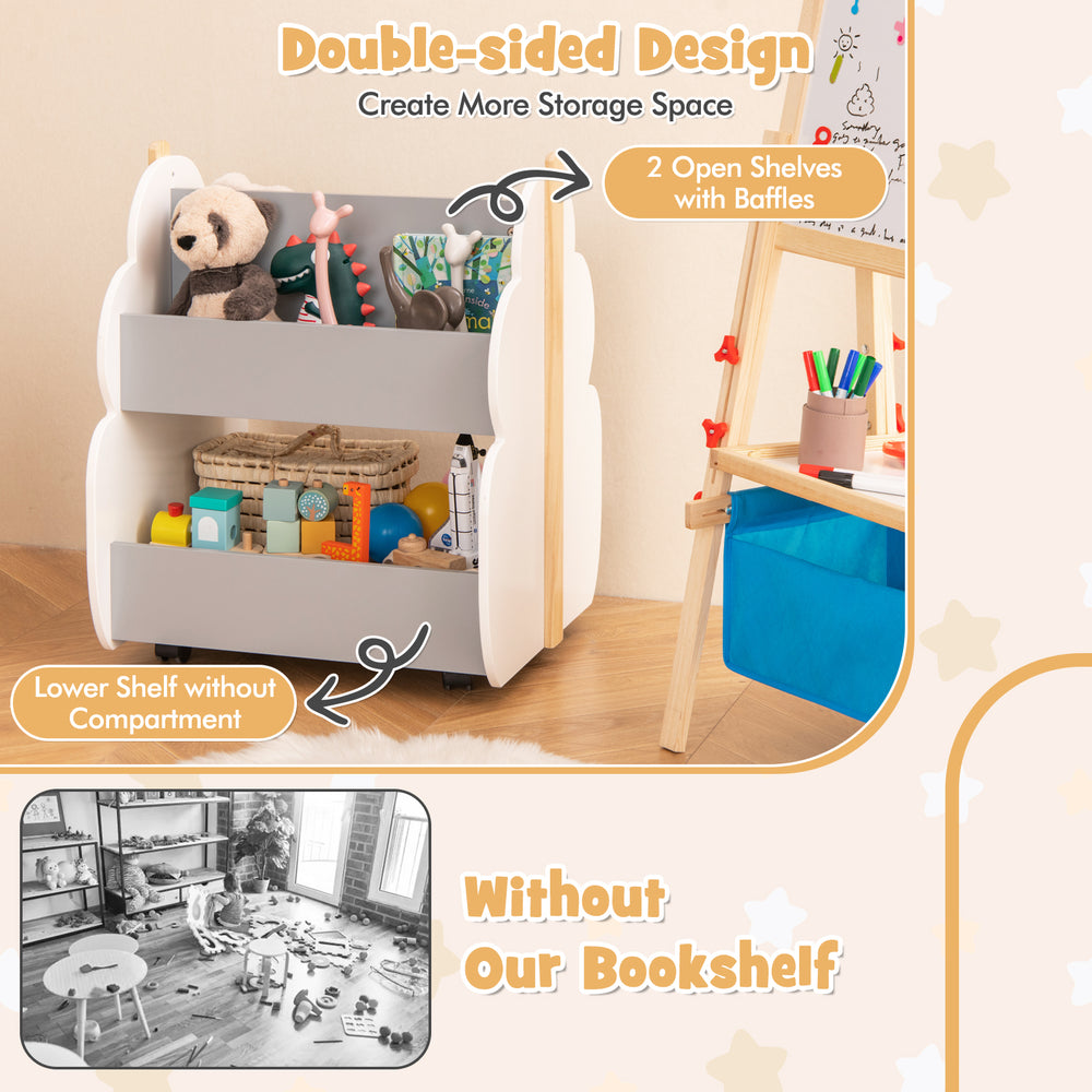 Kids wooden bookshelf with universal wheels in gray, featuring double-sided design and open shelves for easy.