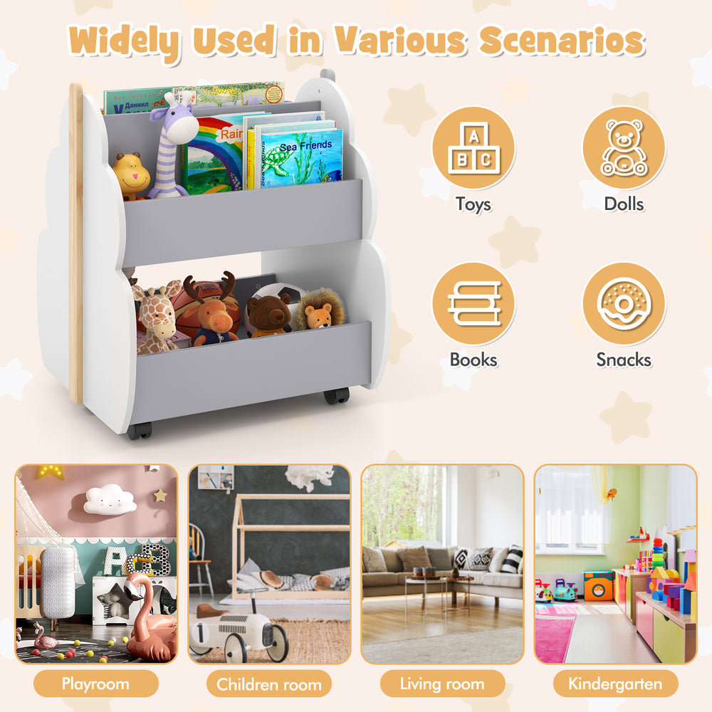 Kids wooden bookshelf in gray with universal wheels, double-sided storage, perfect for organizing books and toys.