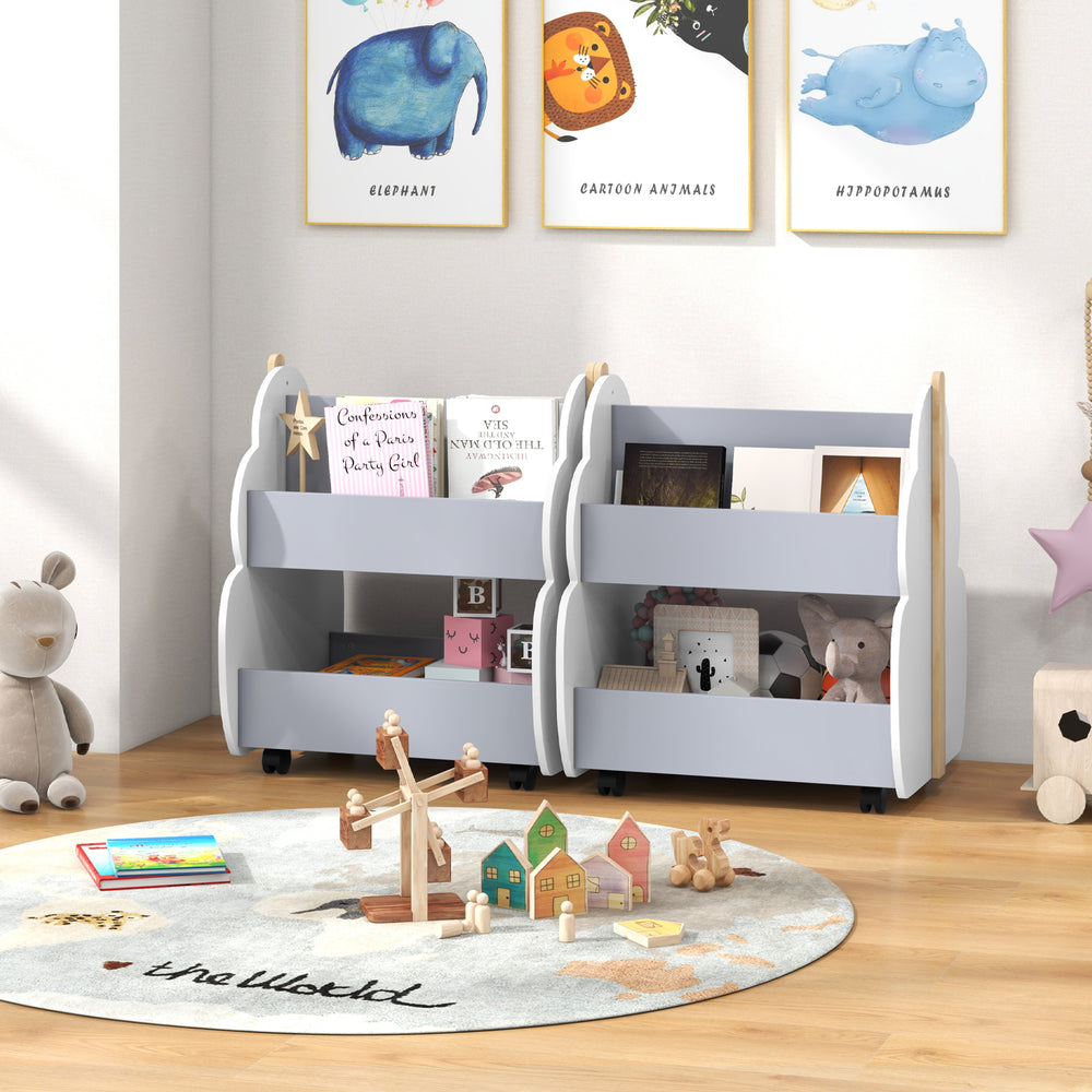 Kids wooden bookshelf in gray with double-sided storage and universal wheels, perfect for organizing books in.