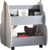 Kids wooden bookshelf in gray with universal wheels, featuring a cute tree shape and double-sided storage for easy.