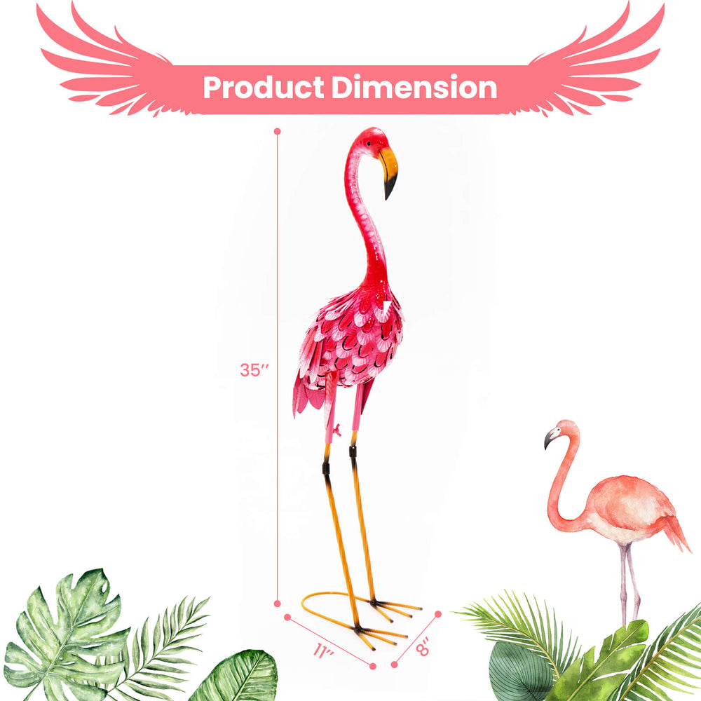Standing flamingo garden statue with U-shaped stakes, made of rustproof metal, 35 inches tall for charming outdoor.