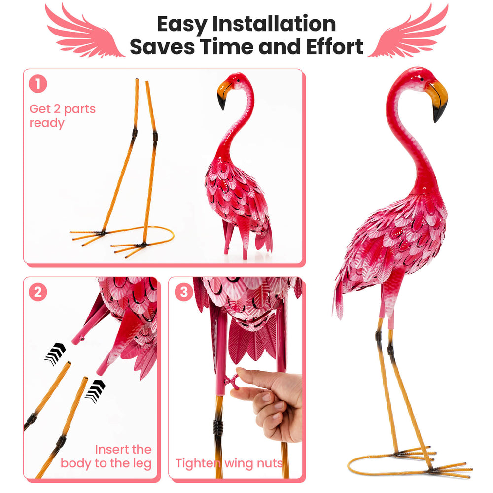 2-piece flamingo garden statue set with U-shaped stakes, featuring rustproof metal and easy installation for charming.