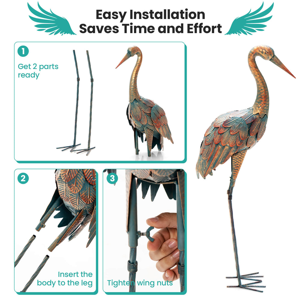 Standing metal crane garden statue set with detailed feathers and easy installation for charming outdoor decoration.