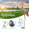 Standing metal crane garden statue with curved head and delicate feathers, perfect for backyard decoration.