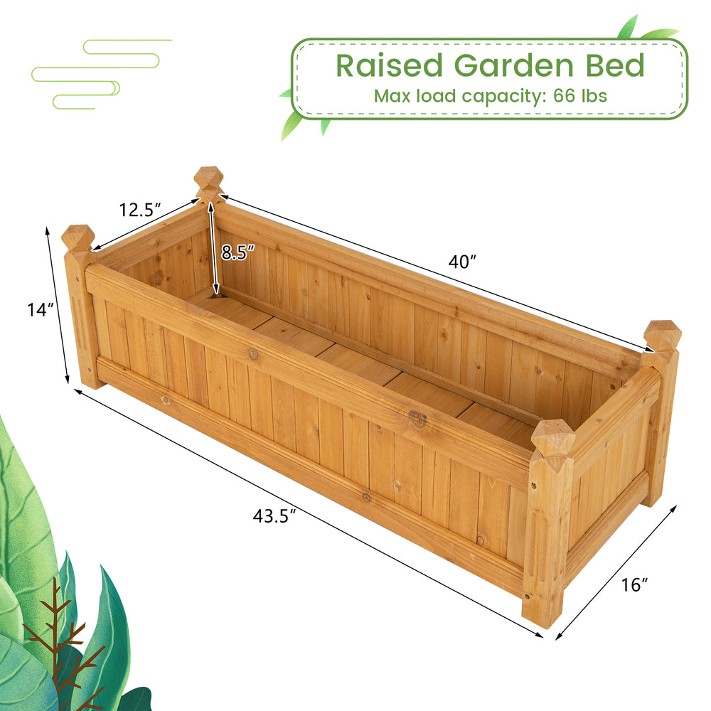 Wooden rectangular garden bed made of fir wood, 40"x16", with drainage system, ideal for backyard planting.