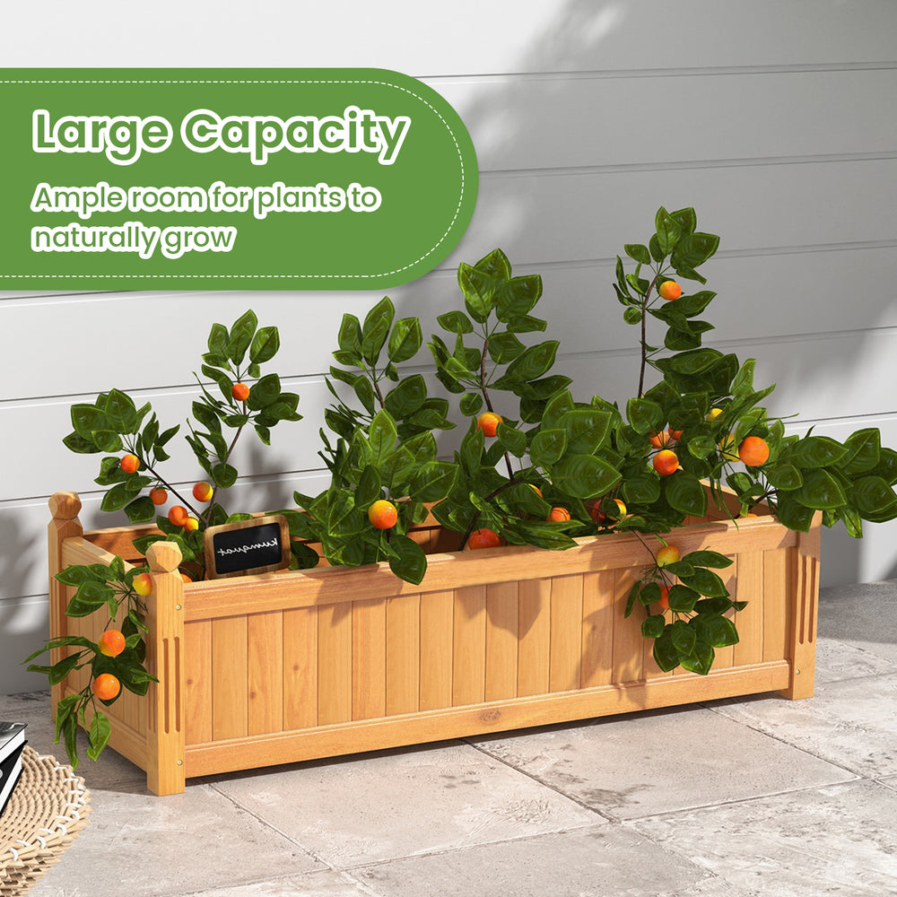 Wooden rectangular garden bed made of fir wood with drainage system, featuring large capacity for ample plant growth.