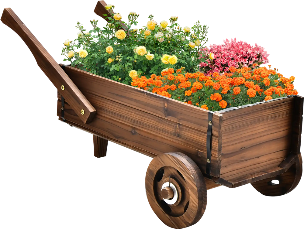 Wooden wagon planter box in rustic brown with flowers, featuring wheels and drainage hole for indoor or outdoor use.