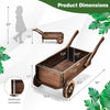 Wooden wagon planter box with wheels, rustic brown finish, dimensions 32"x21.5"x15.5", ideal for indoor and outdoor use.