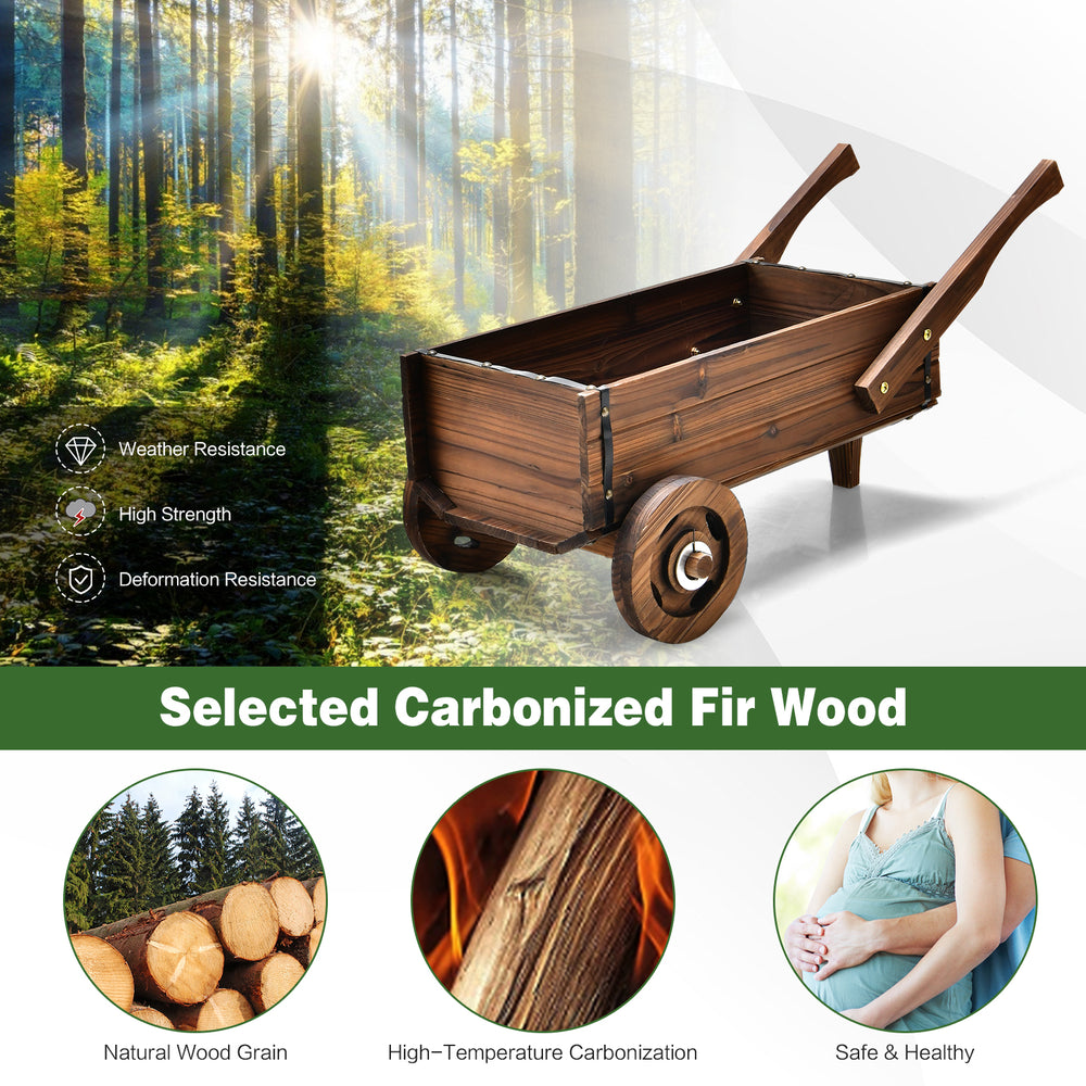 Wooden wagon planter box in rustic brown, crafted from carbonized fir wood, features wheels and drainage hole for easy.