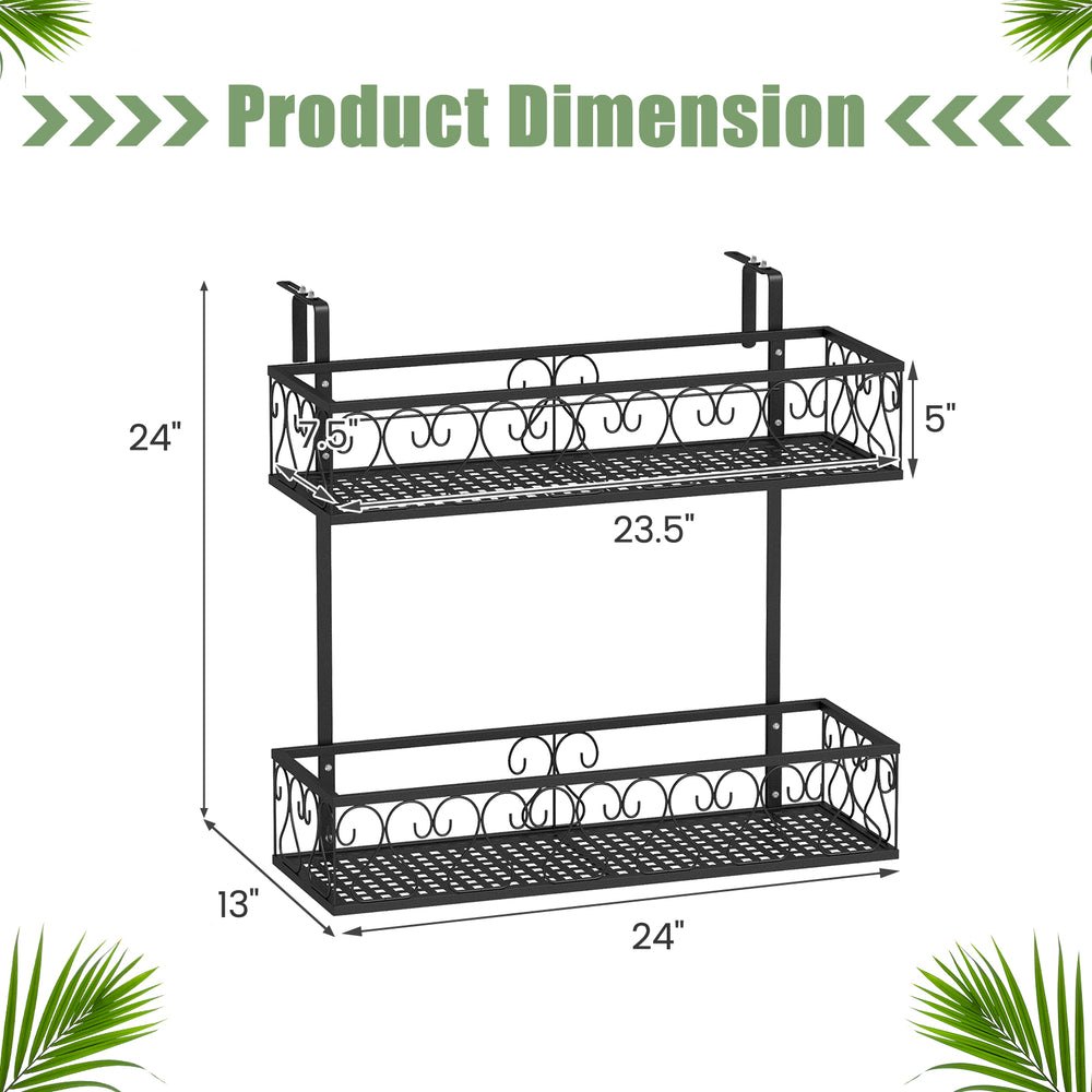 2-tier flower pot holder with adjustable hooks, featuring elegant curved patterns and dimensions of 24"x13"x24" for.
