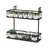Two-tier flower pot holder with adjustable hooks, featuring a metal frame and elegant curved patterns for outdoor use.