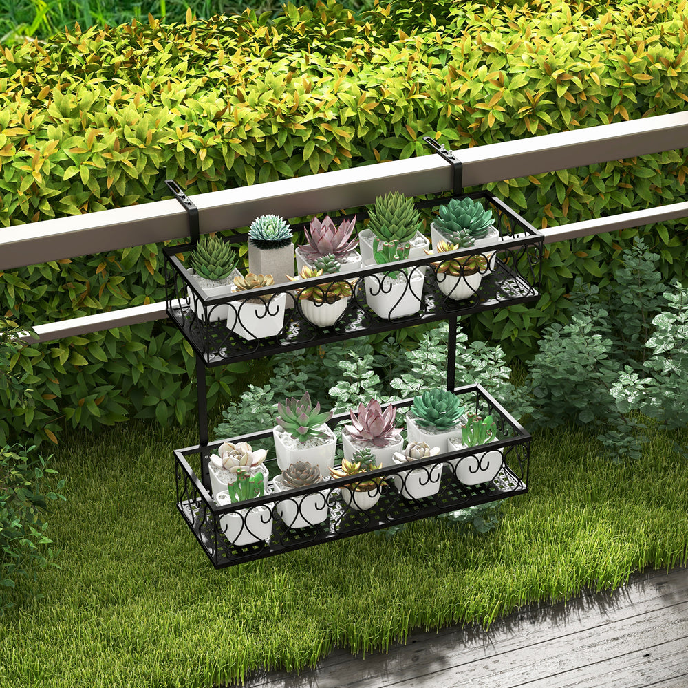 Two-tier flower pot holder with adjustable hooks, featuring elegant curved patterns, ideal for patio or porch use.