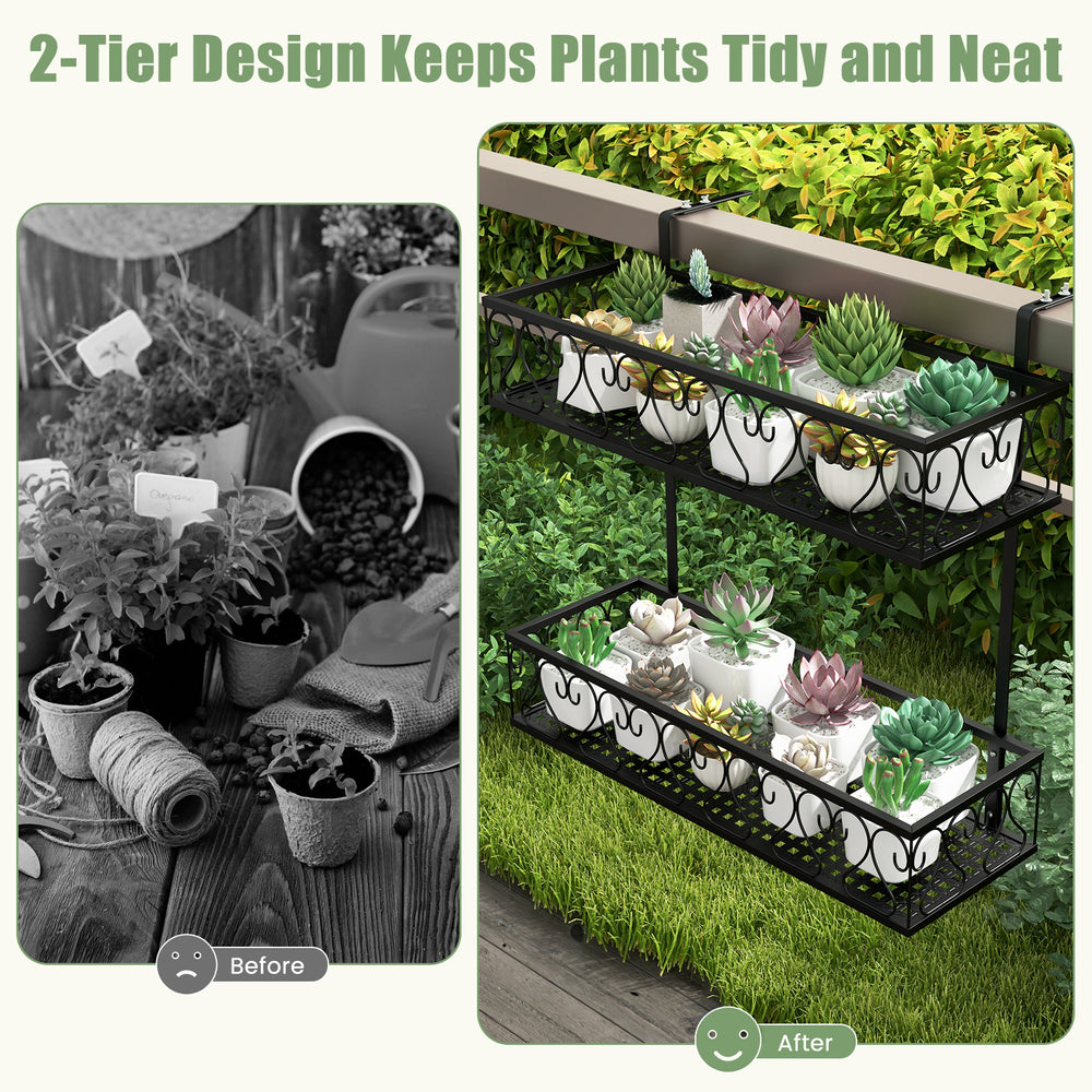 2-tier flower pot holder with adjustable hooks, featuring elegant curved patterns for organized plant display on.