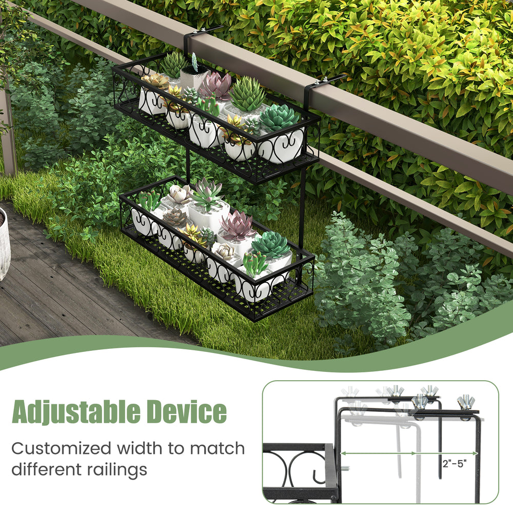 Flower pot holder with adjustable hooks and two planter baskets, designed for railings, ideal for patios and porches.