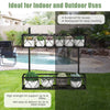 Two-tier flower pot holder with adjustable hooks, featuring a sturdy metal frame for outdoor and indoor plant display.