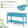 Blue poly wood elevated planter box with legs, featuring a storage shelf and drainage holes, ideal for gardening.