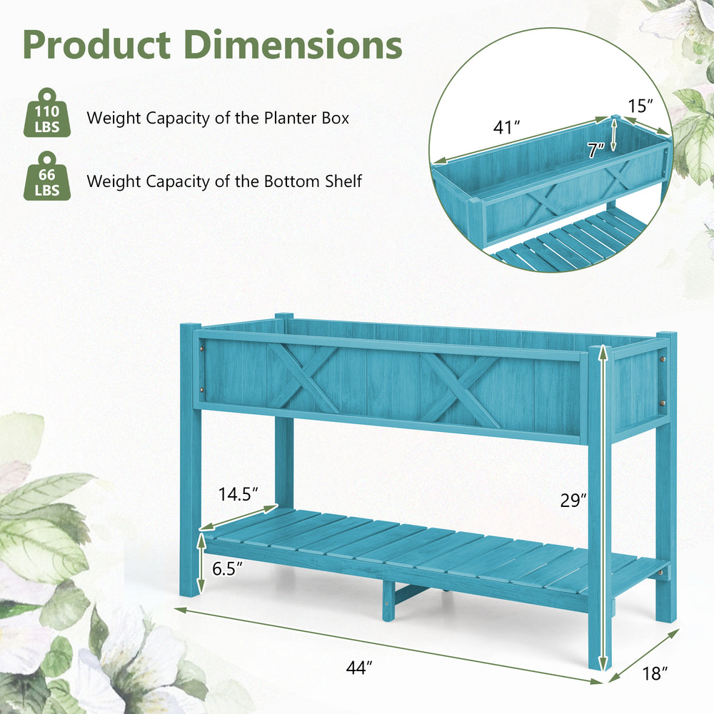 Blue poly wood elevated planter box with legs, featuring a storage shelf and drainage holes, ideal for gardening.