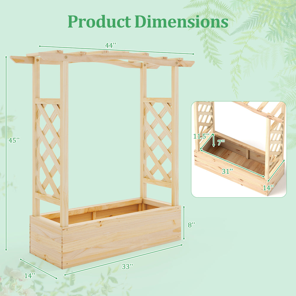 Wooden raised garden bed planter box with trellis and hanging roof, crafted from solid pine wood, ideal for climbing.