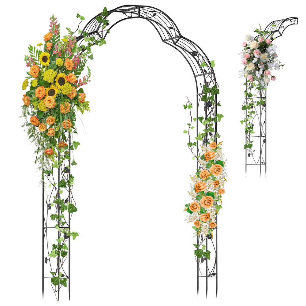 Black garden arch arbor trellis for climbing plants, featuring sturdy metal frame and elegant design for outdoor use.