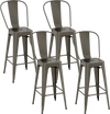 Set of 4 stackable metal bar height chairs with removable backrest in gun color, ideal for dining and cafes.