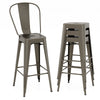 Stackable metal bar stools in gun color with removable backrest, ideal for dining rooms and cafes.