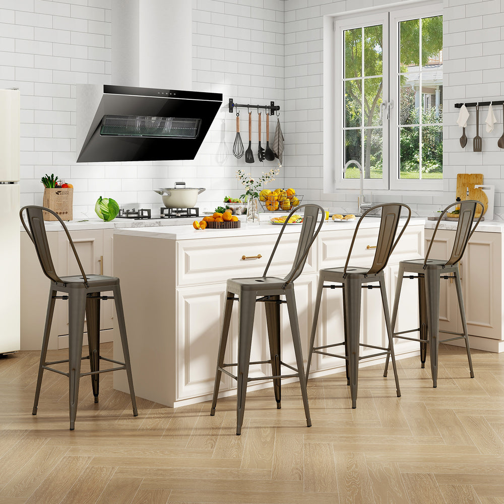 Set of 4 stackable metal bar stools with removable backrest, featuring a gun finish, ideal for kitchen or dining areas.