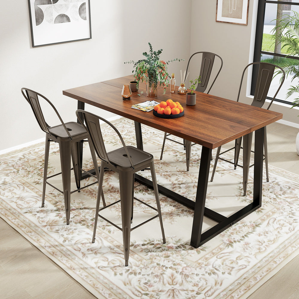 Set of 4 stackable metal bar height chairs with removable backrests, featuring a gun finish, ideal for dining or cafes.