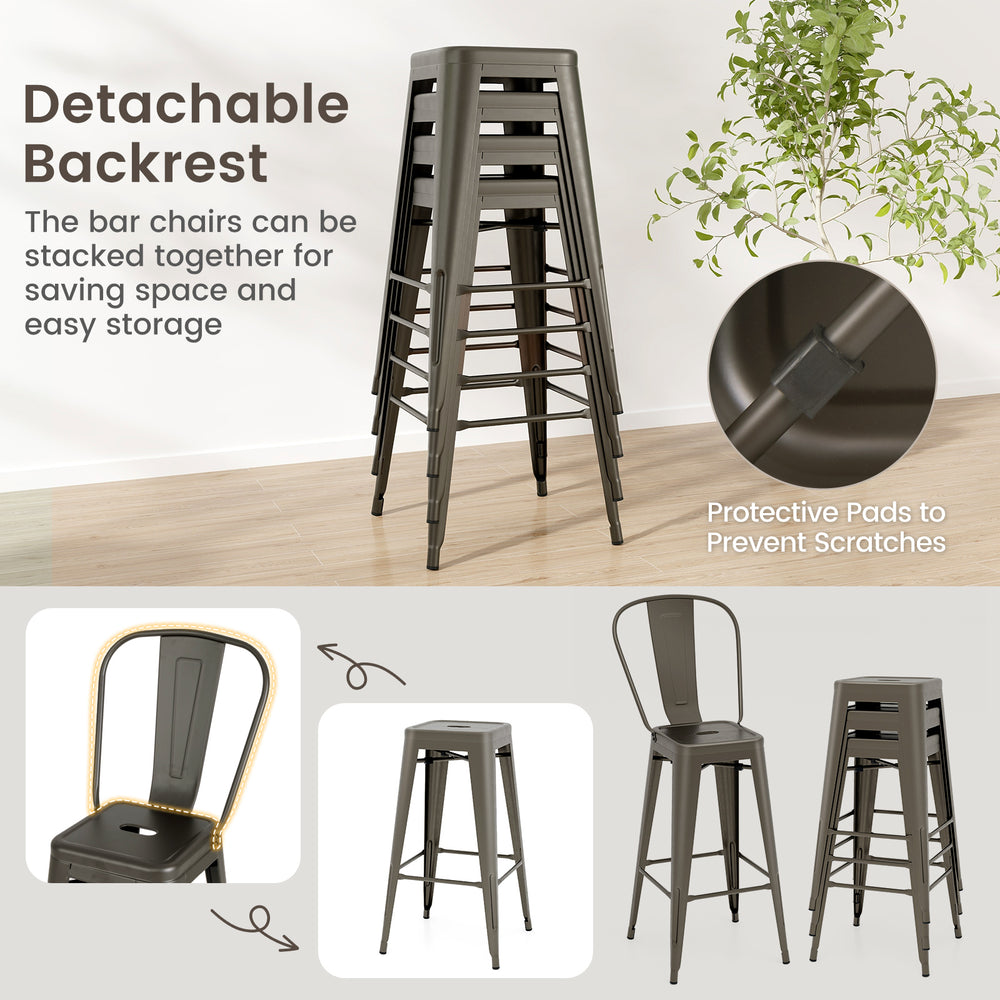 Stackable metal bar stools with removable backrest in gun color, designed for easy storage and stability.