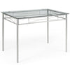 Rectangular glass dining table with metal frame, part of a 5-piece set, ideal for kitchens and restaurants.
