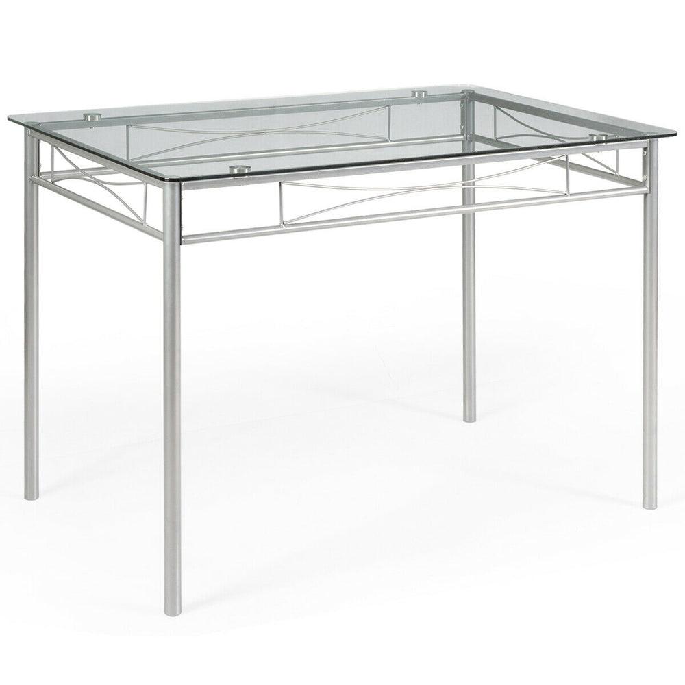 Rectangular glass dining table with metal frame, part of a 5-piece set, ideal for kitchens and restaurants.