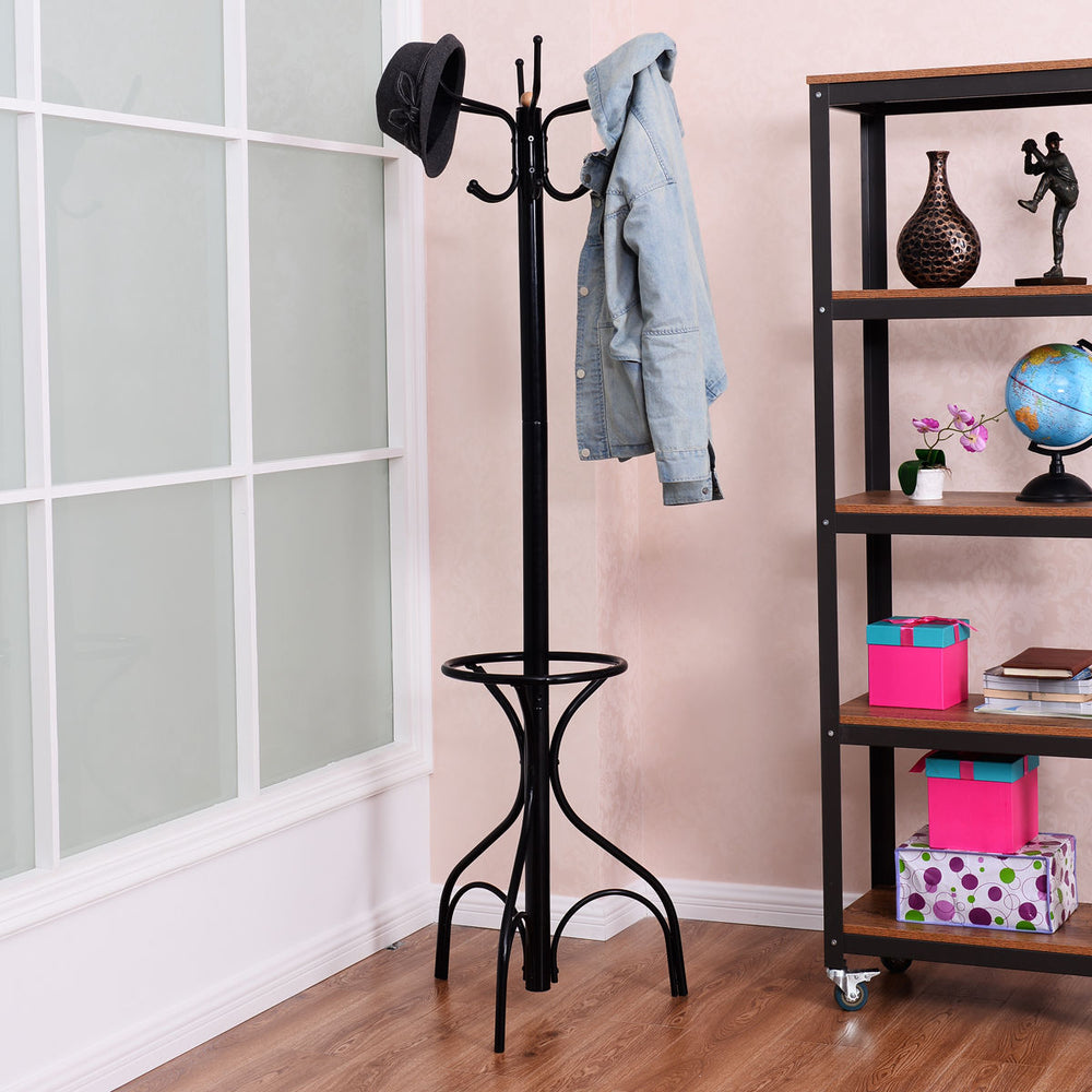 Vintage metal coat hat tree stand with a stylish design, featuring a jacket draped over one of its six hooks.