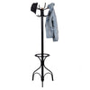 Vintage metal coat and hat tree stand with six hooks, featuring a sturdy base and elegant design for versatile use.