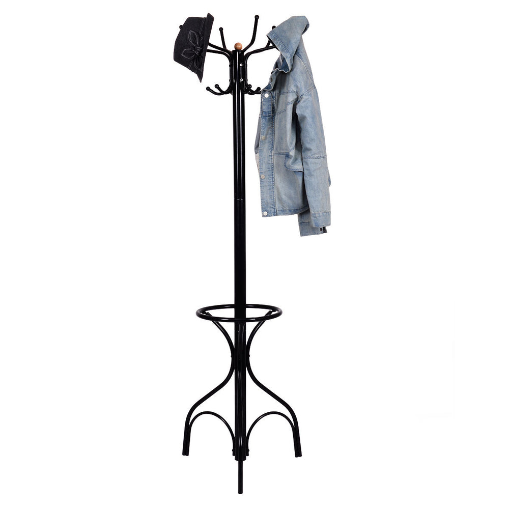 Vintage metal coat and hat tree stand with six hooks, featuring a sturdy base and elegant design for versatile use.