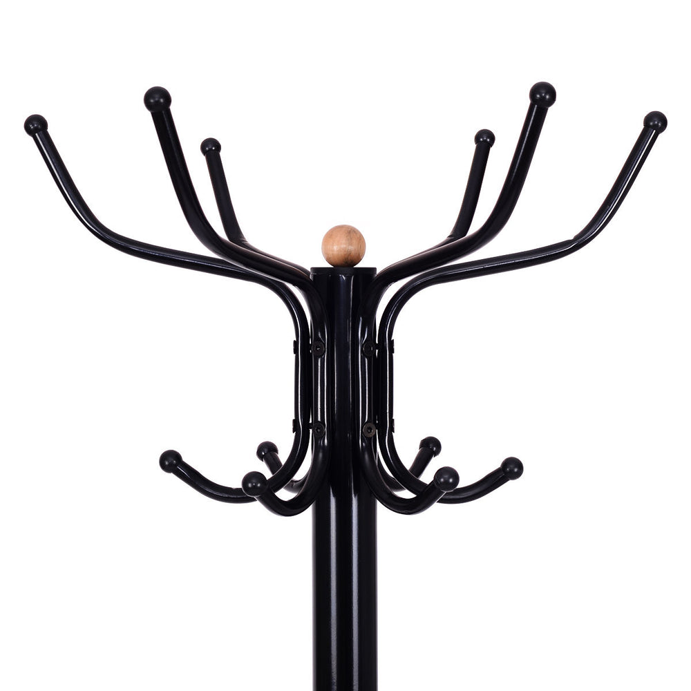Vintage metal coat hat tree stand featuring a stylish design with six hooks arranged in two layers for versatile.
