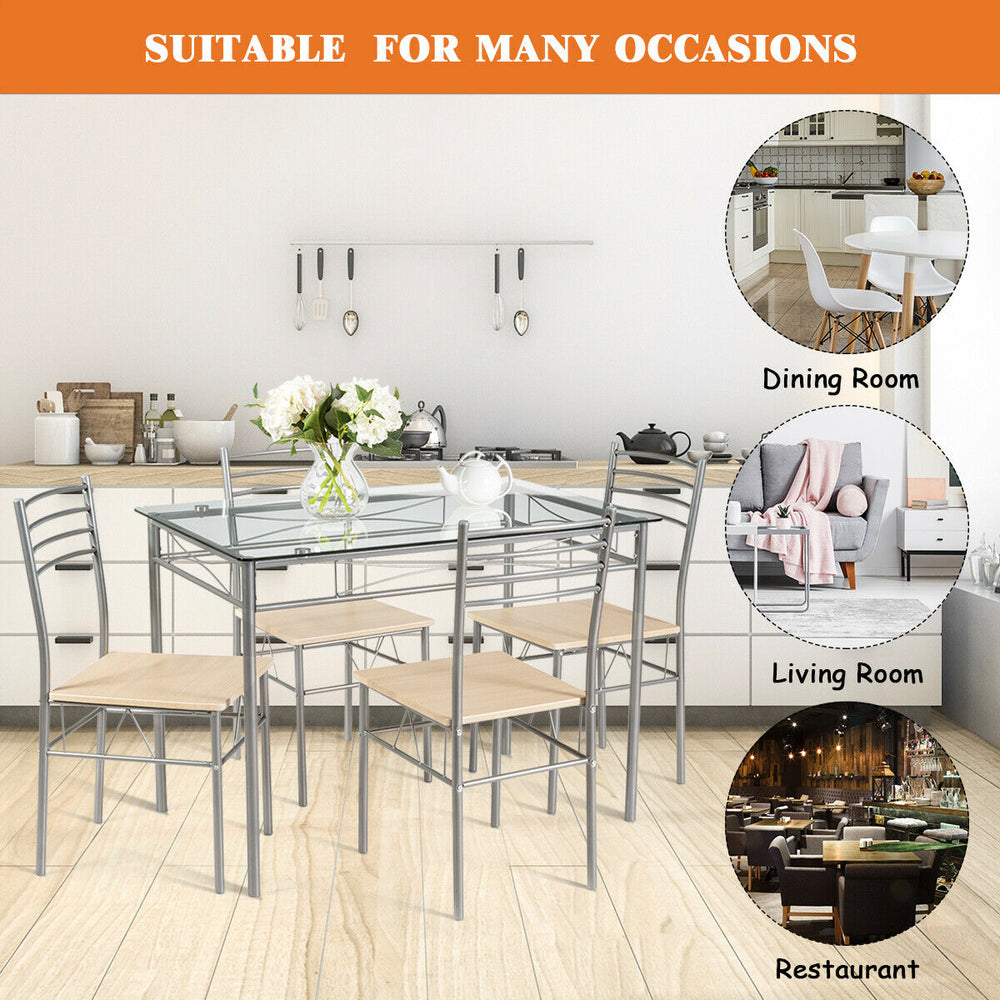 5-piece dining set featuring a glass table and 4 metal chairs, perfect for modern dining rooms and restaurants.