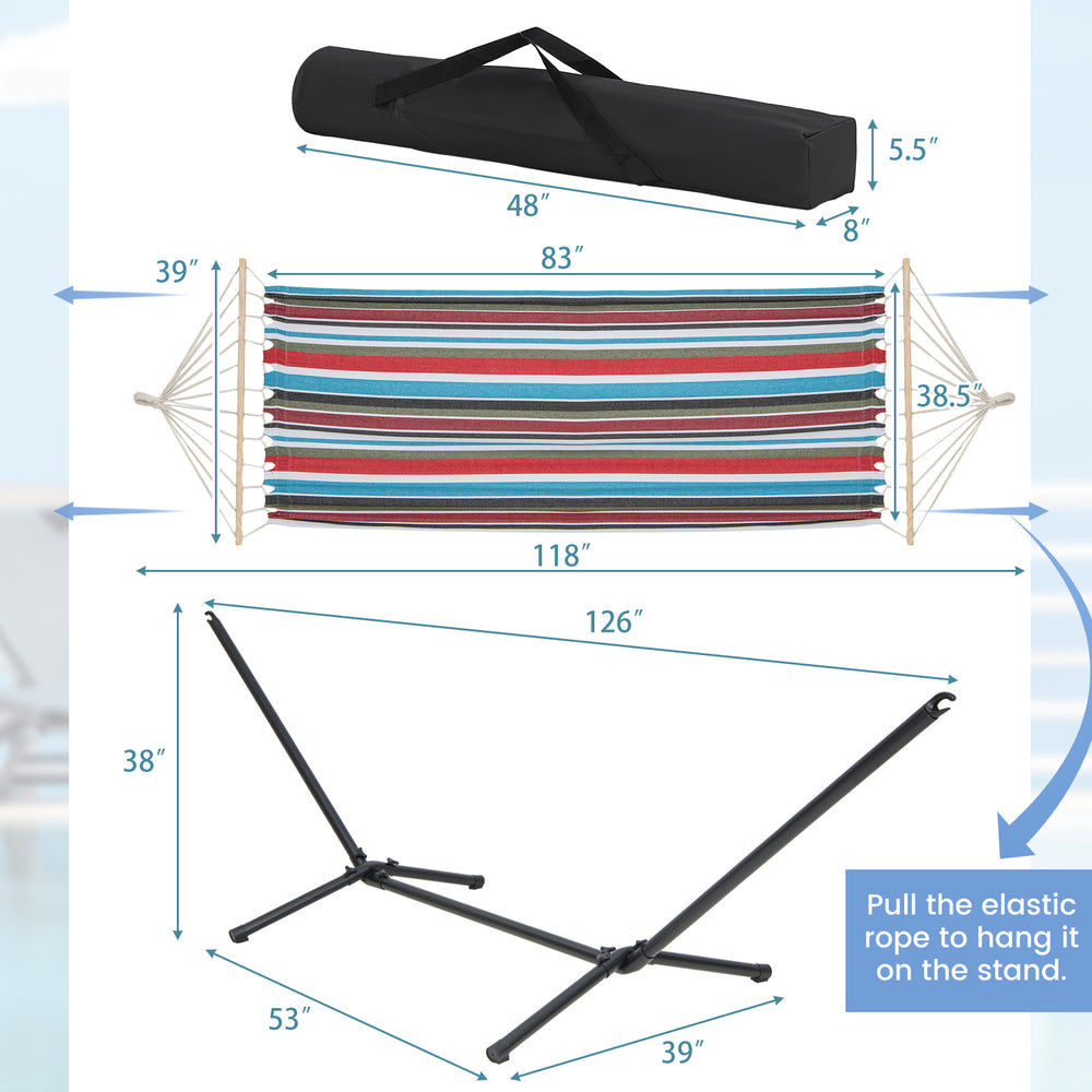 Multicolor hammock with heavy-duty stand, dimensions 118"x38.5", ideal for garden or patio relaxation.