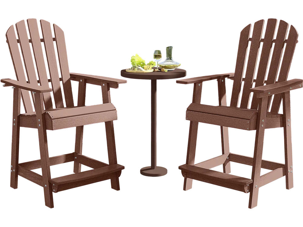 Two HDPE patio chairs with armrests and footrests, featuring a faux wood grain design, perfect for outdoor relaxation.