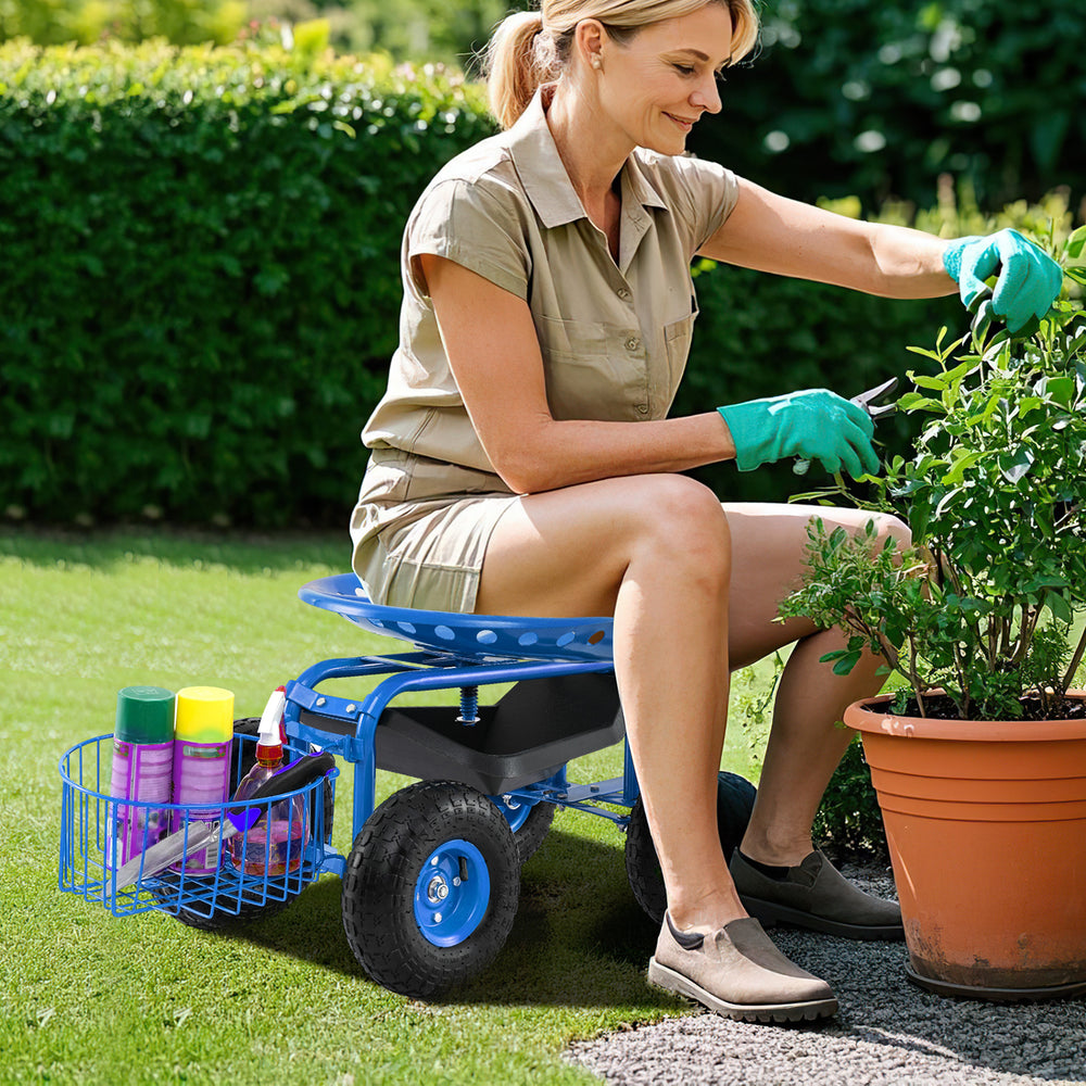Heavy Duty Garden Cart with Tool Tray and 360 Swivel Seat-Blue - Gallery View 1 of 10