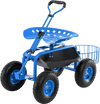 Heavy duty garden cart in blue with tool tray, 360 swivel seat, and four large rubber wheels for easy mobility.