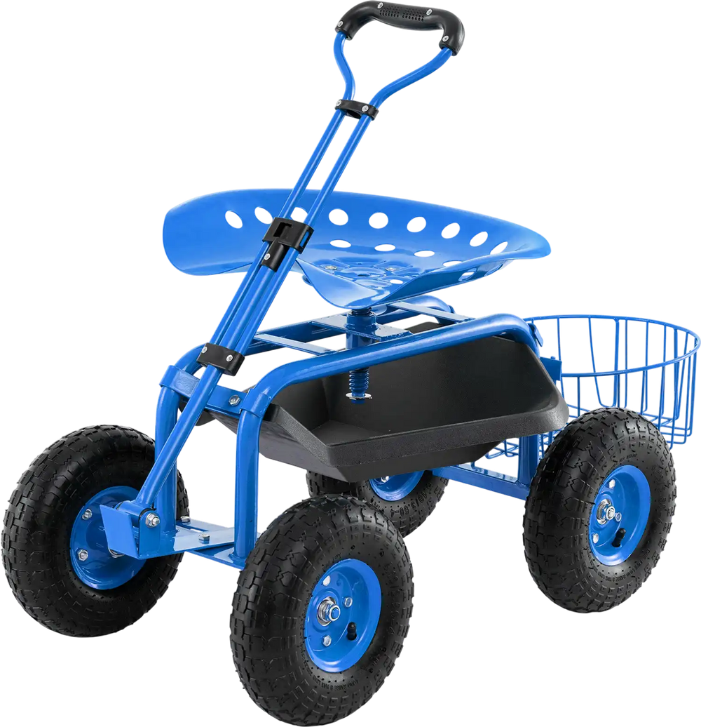 Heavy duty garden cart in blue with tool tray, 360 swivel seat, and four large rubber wheels for easy mobility.
