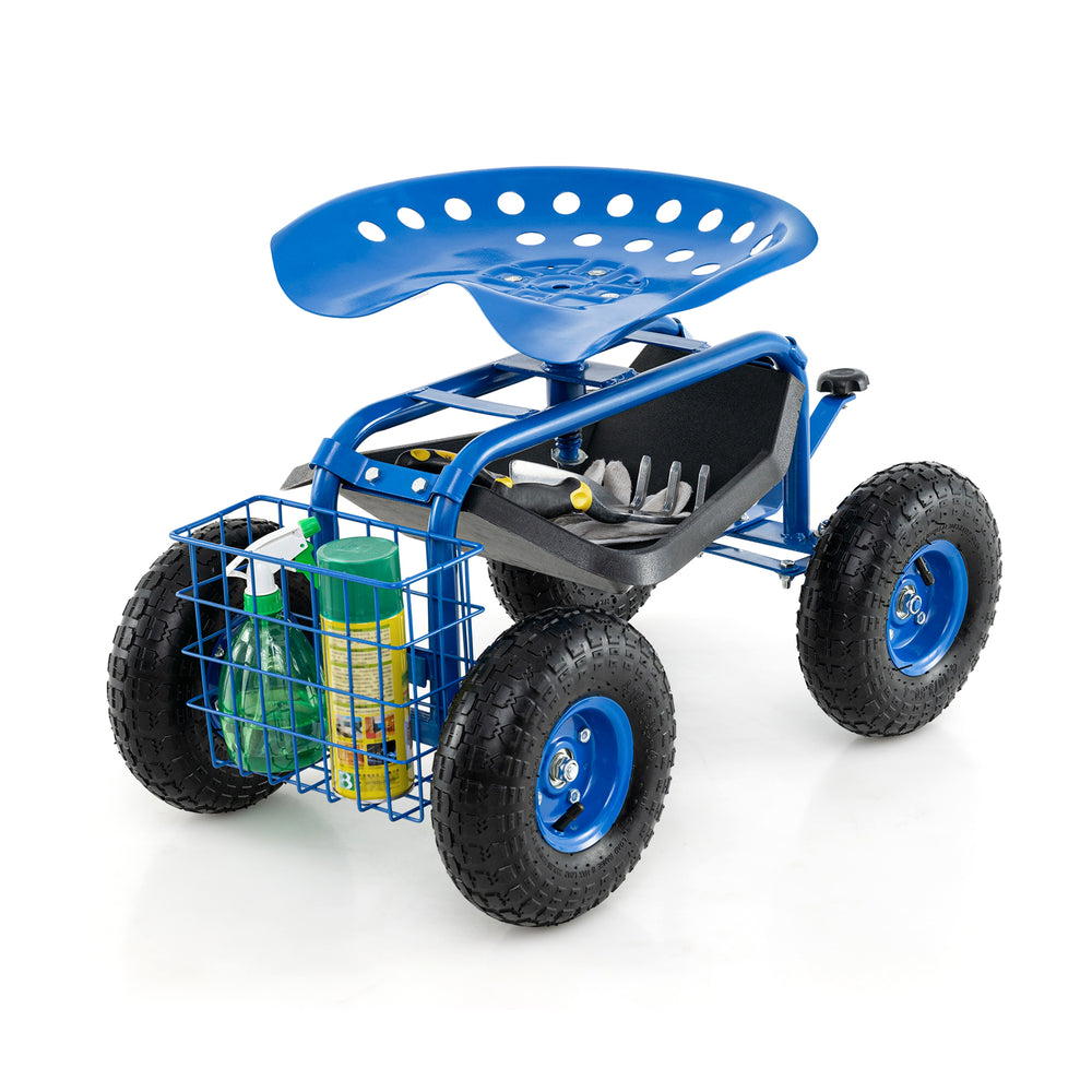 Heavy duty garden cart with a blue 360 swivel seat, tool tray, and rear basket for convenient storage and mobility.