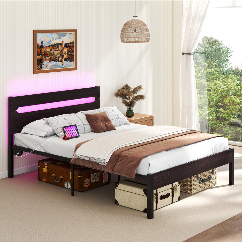 Heavy-Duty Metal Slats Support Bed Platform with Charging Station-Walunt - Gallery View 1 of 9