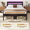 Heavy-duty metal slats support bed platform with embedded design, suitable for 8"-10" mattresses, featuring a charging.