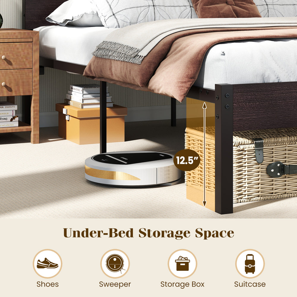 Heavy-duty metal slats bed platform with 12.5 inches under-bed clearance for storage and easy cleaning.