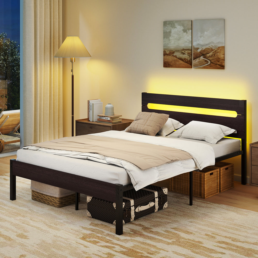 Heavy-duty metal slats support bed platform in walnut finish with built-in charging station, ideal for full-size.