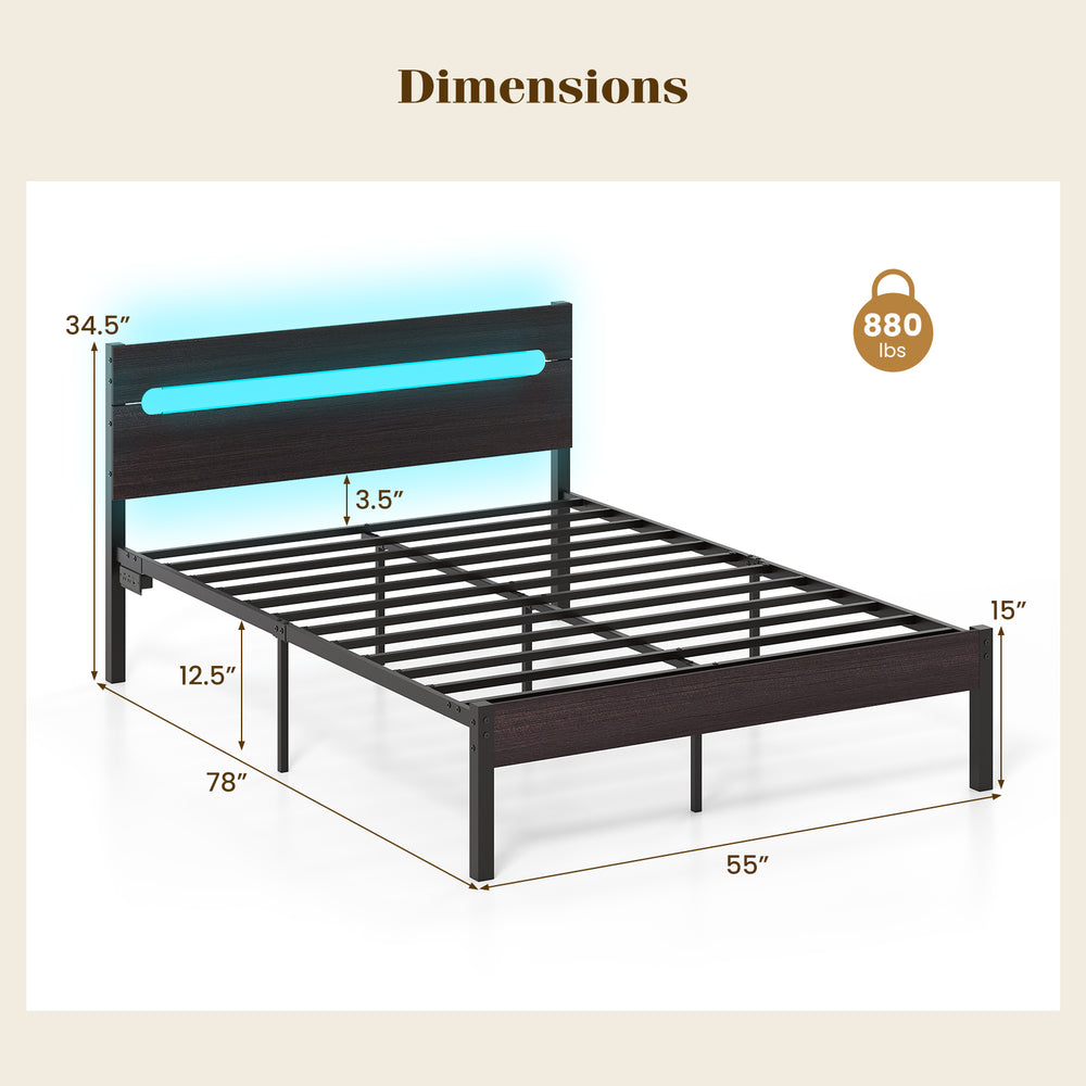 Heavy-duty metal bed platform with adjustable colors, built-in charging station, and 12.5 inches of under-bed clearance.